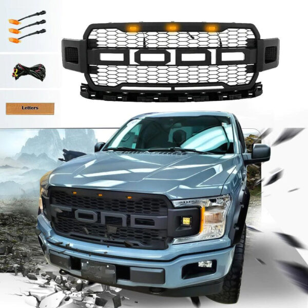 Goodmatchup Front Grill For 2018 2019 2020 f150 Raptor Grill  W/ LED W/Letters Matte Black