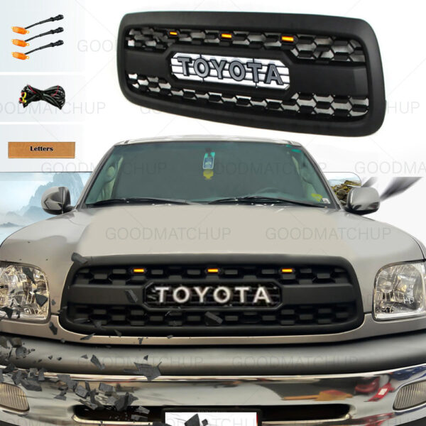 Goodmatchup Front Gril For 1st Gen 2000 2001 2002 Toyota Tundra TRD Pro Grill With Amber Lights and Letters Matte Black