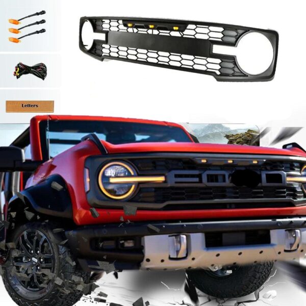 Black Raptor Aftermarket Front Grill For 2021-2022 Ford Bronco With Letters & Lights