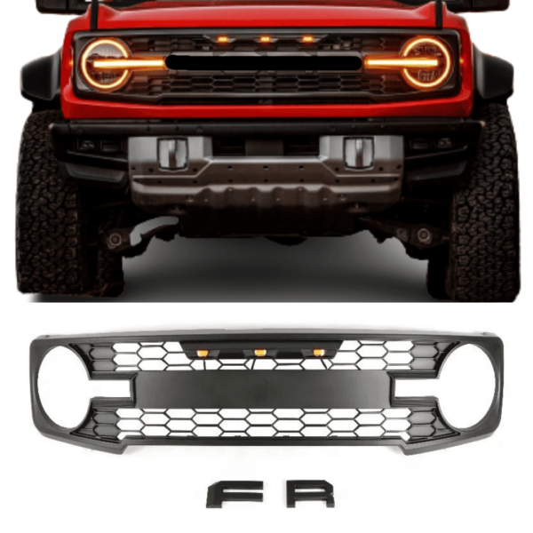 Black Raptor Aftermarket Front Grill For 2021-2022 Ford Bronco With Letters & Lights - Image 4