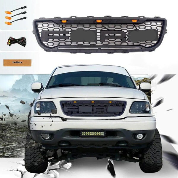 Goodmatchup Front Grill For 1999 2000 2001 2002 2003 f150 Raptor Grill W/LED Lights & Letters Matte Black
